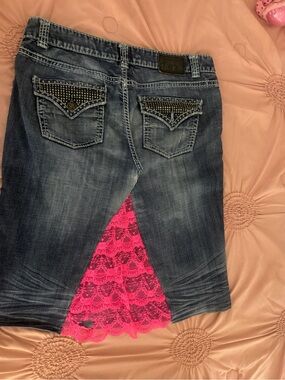 Women's Blue Denim Skirt with Pink Lace Panel